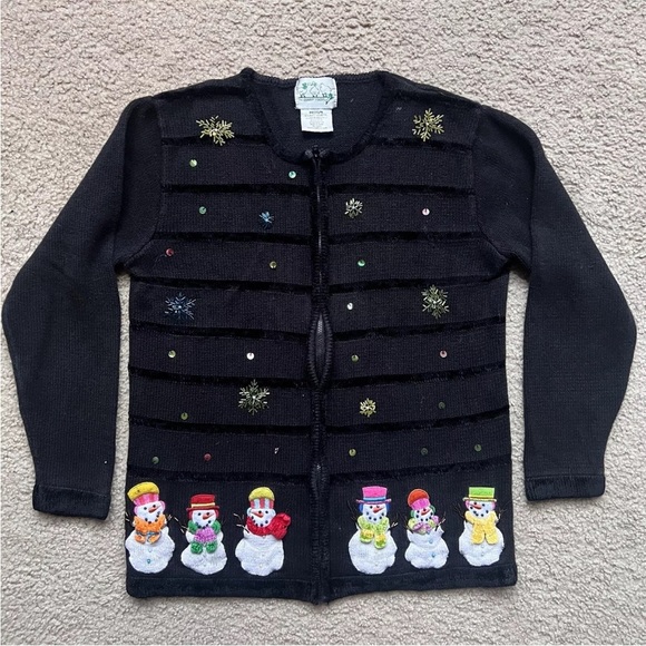 Quacker Factory Beaded Snowman Cardigan Sweater 1X Black Full Zip Snow Winter - Picture 10 of 10